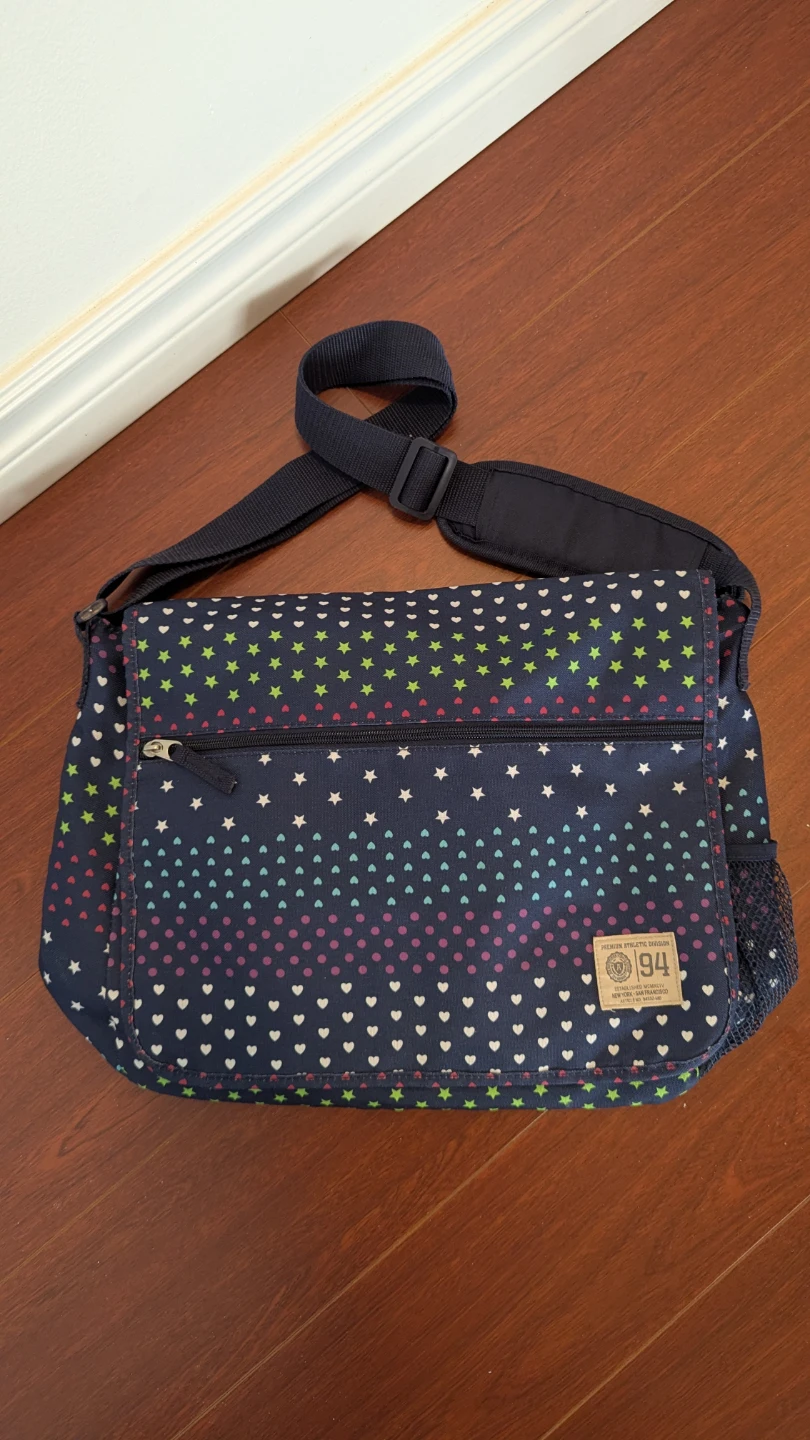 Navy Blue Messenger Bag with Stars and Hearts Print