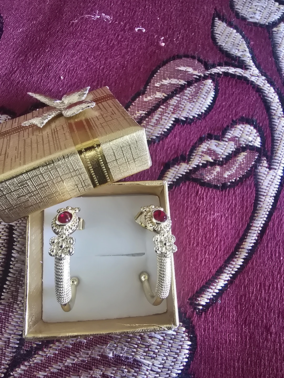 Gold-tone Hoop Earrings with Red Gemstones - photo 2