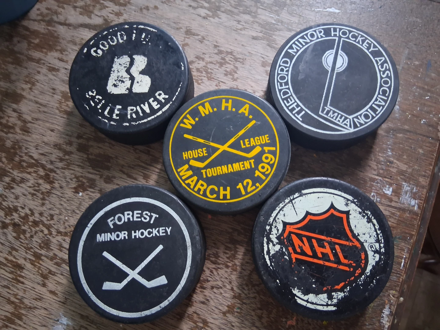 Various Logo Hockey Pucks Minor Leagues etc