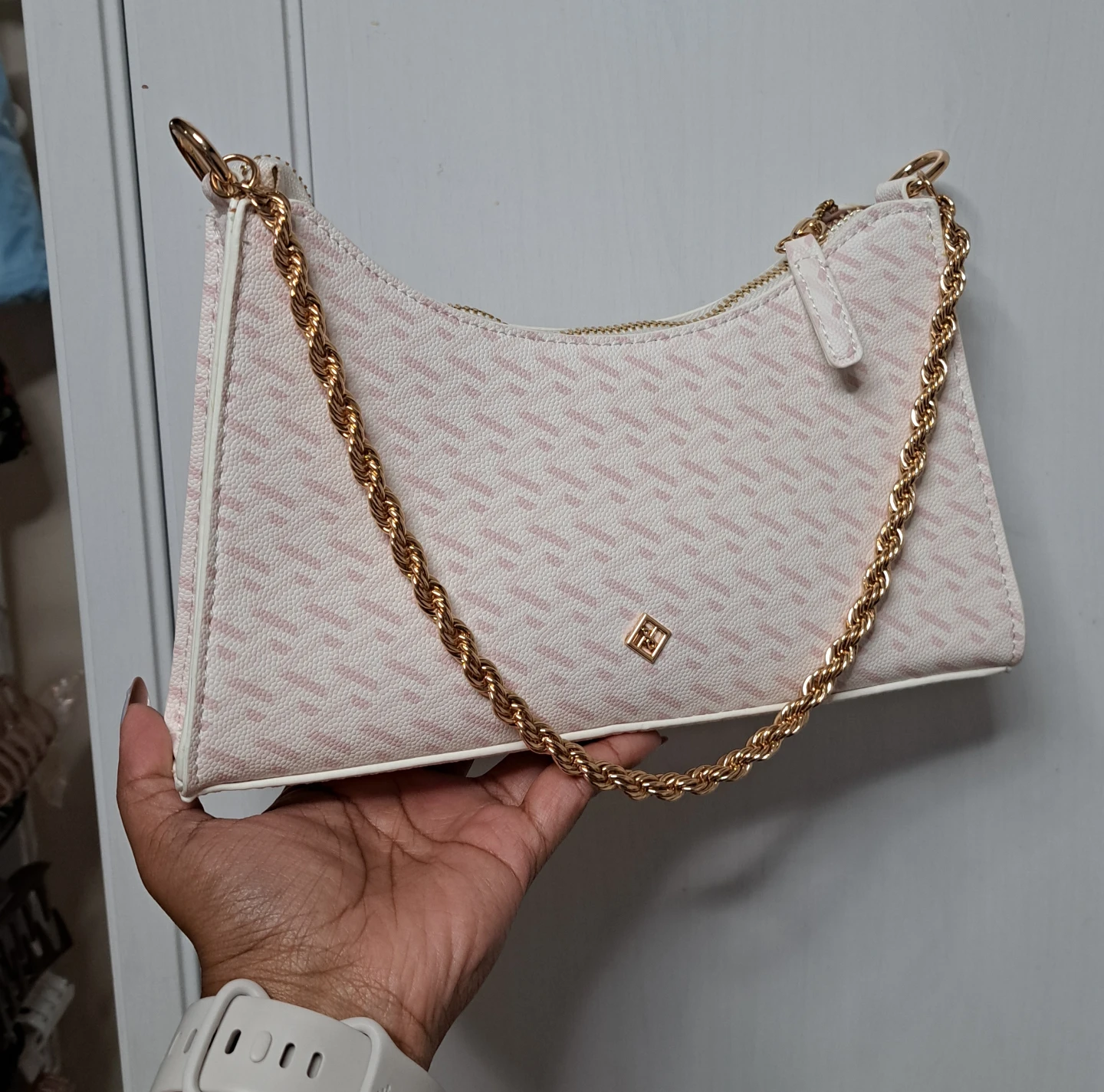 White Shoulder Bag with Pink Pattern - photo 2