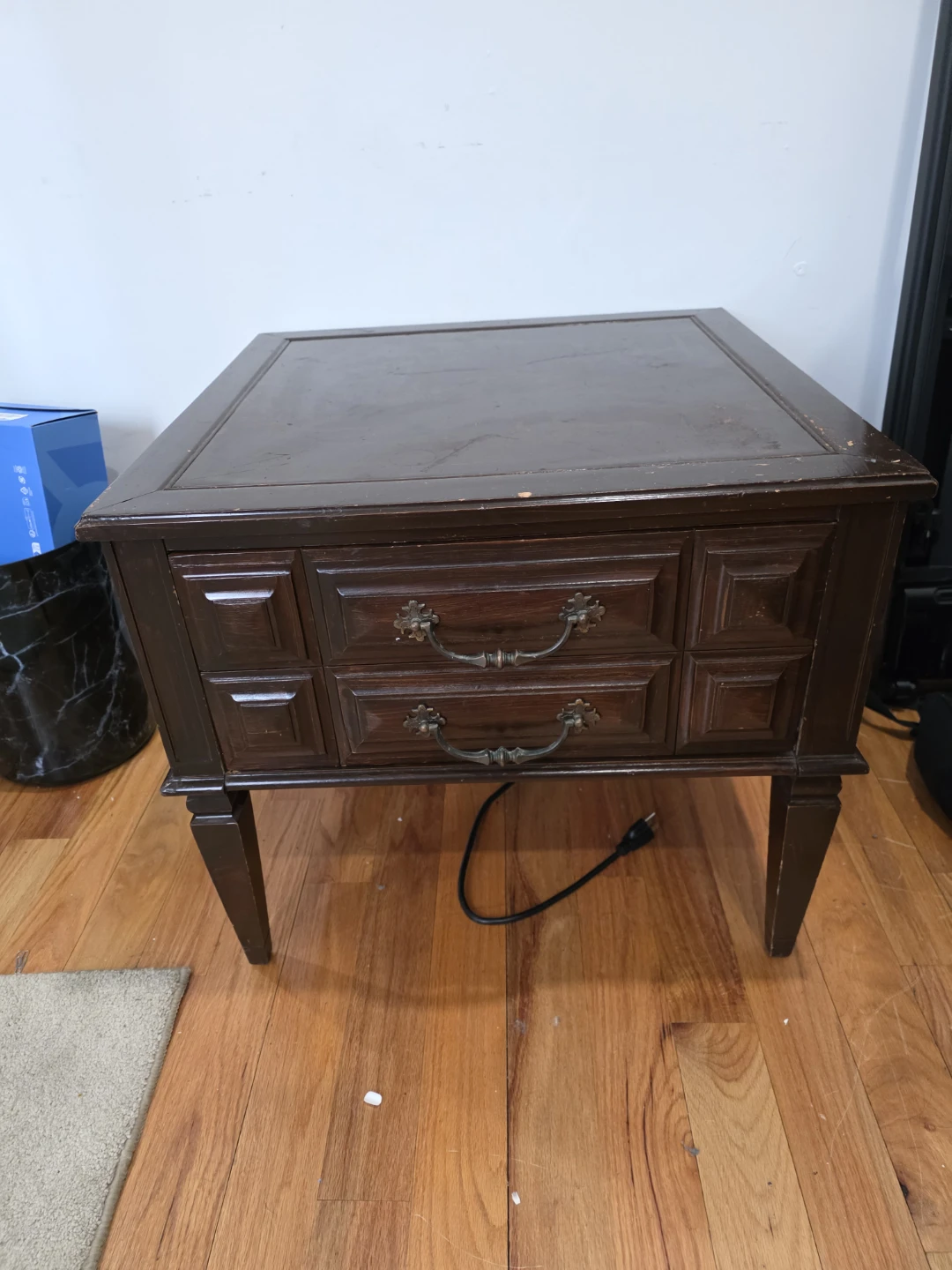 Vintage Dark Wood End Table with Two Drawers