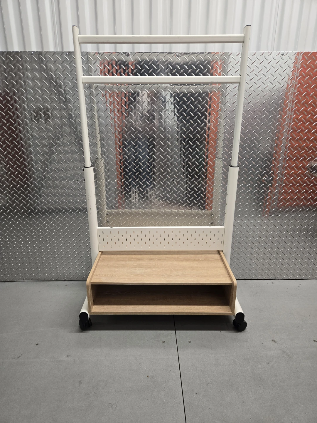 White Clothing Rack w Wood Shelf on Wheels
