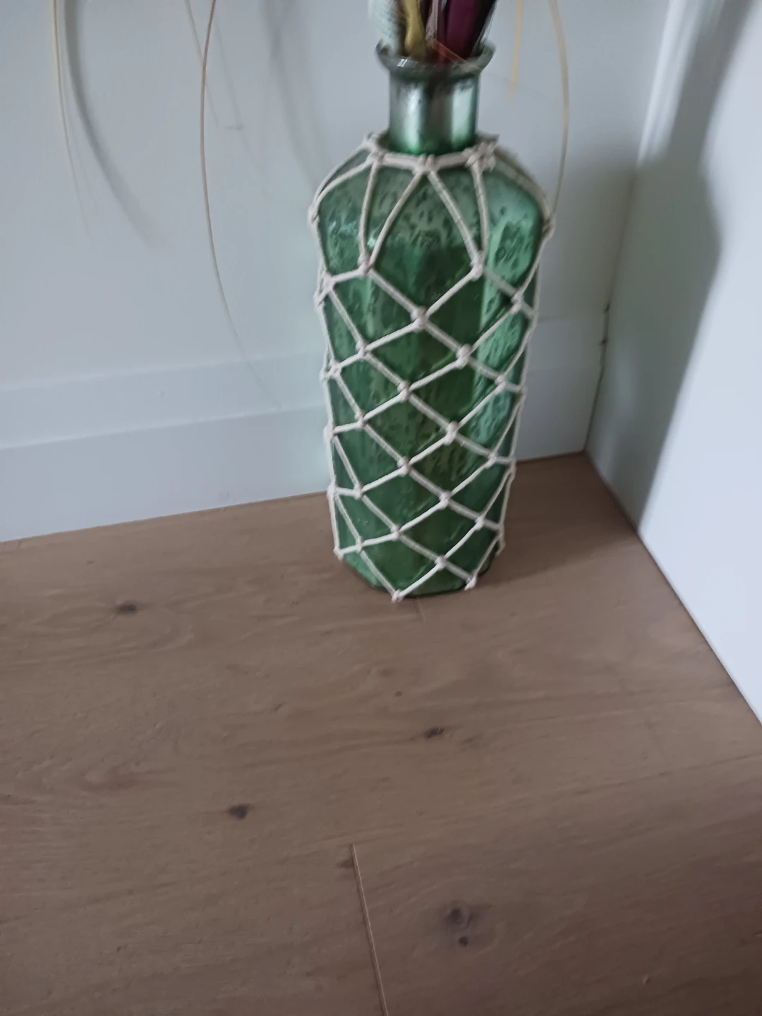 Green Glass Vase with Macrame Netting