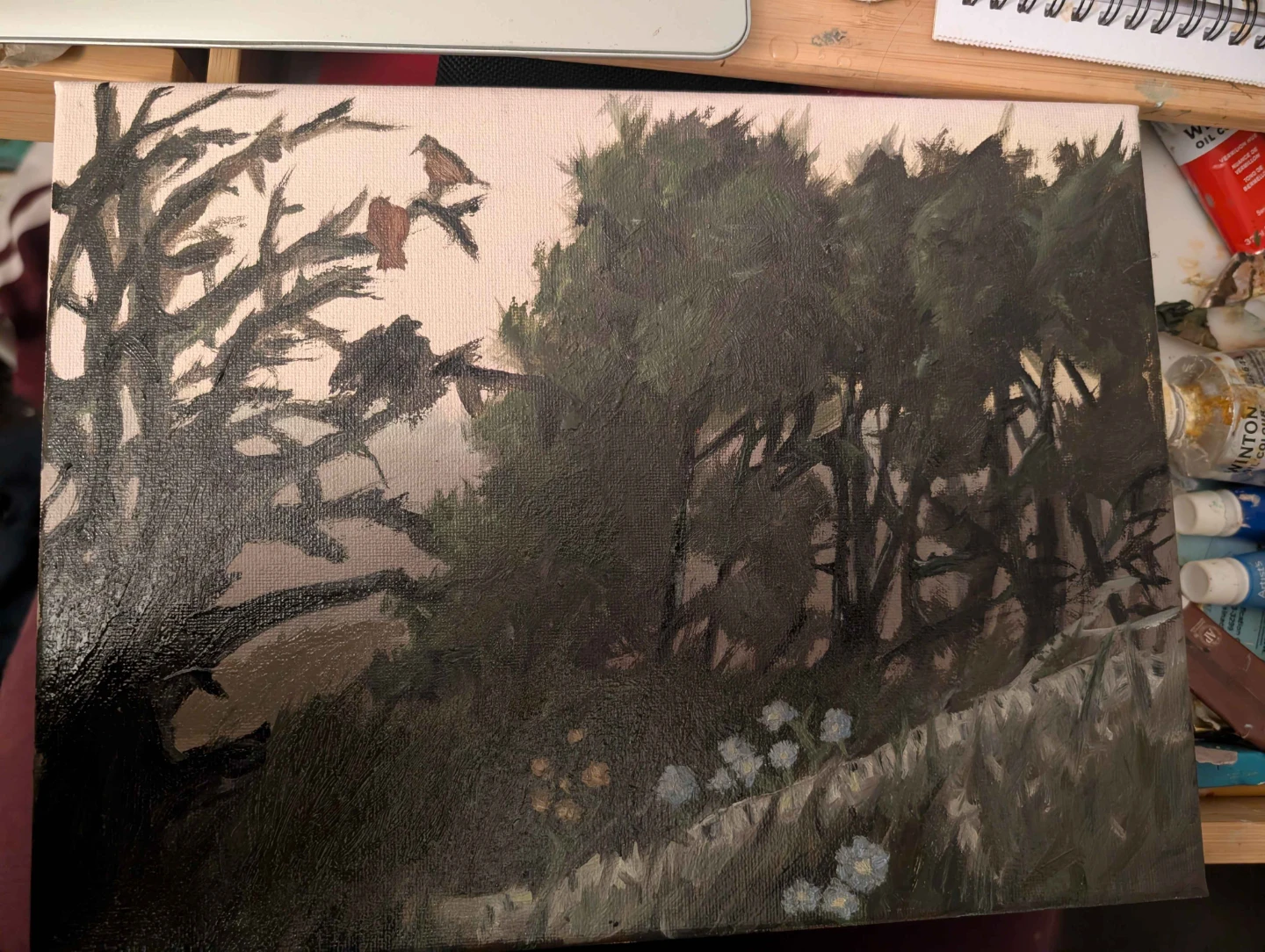 Original Oil Painting: birds by the fog
