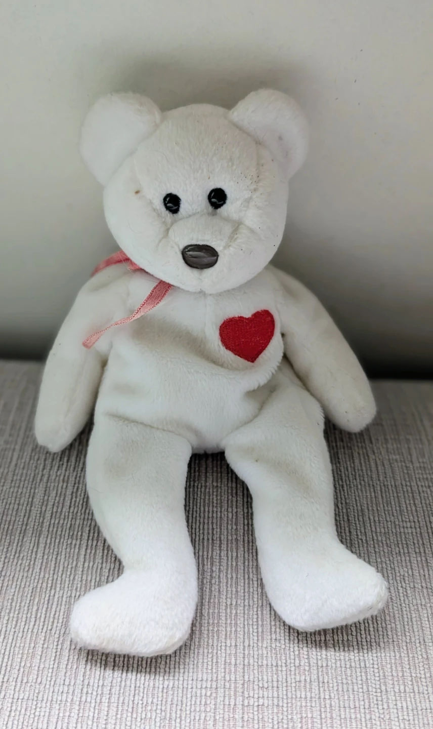 White Teddy Bear Beanie Baby with Red Heart Plush Toy