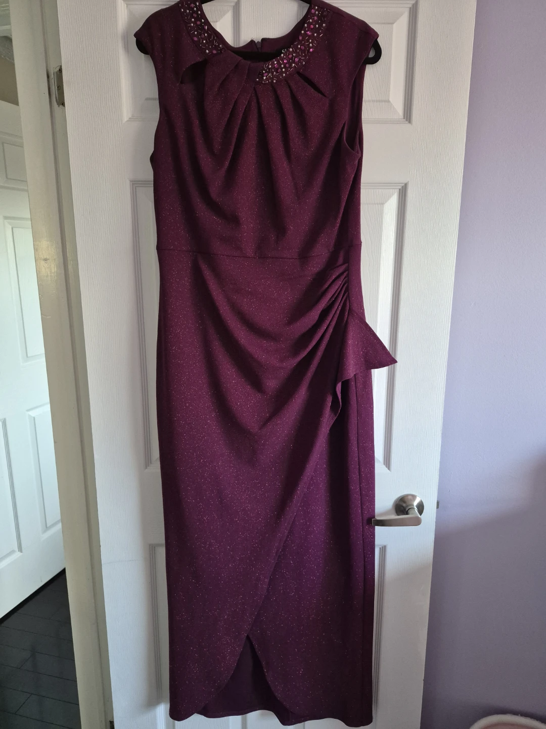 Deep plum shimmer Women's Beaded Neckline Sheath Dress - Size 14