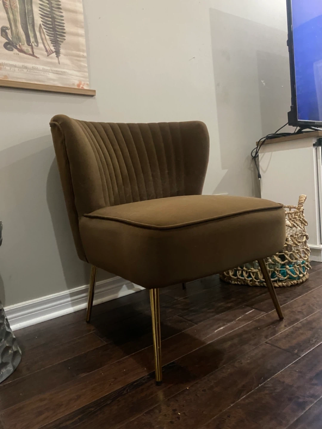 Brown Velvet Accent Chair with Gold Legs