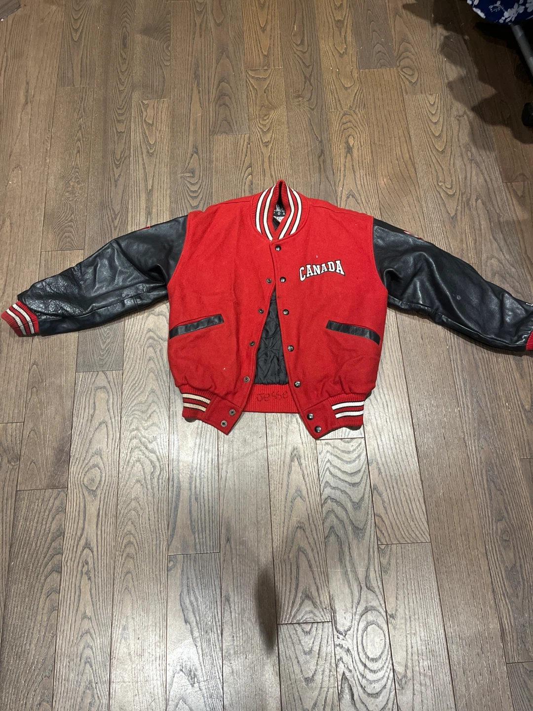 Red Canada Letterman Jacket with Black Leather Sleeves