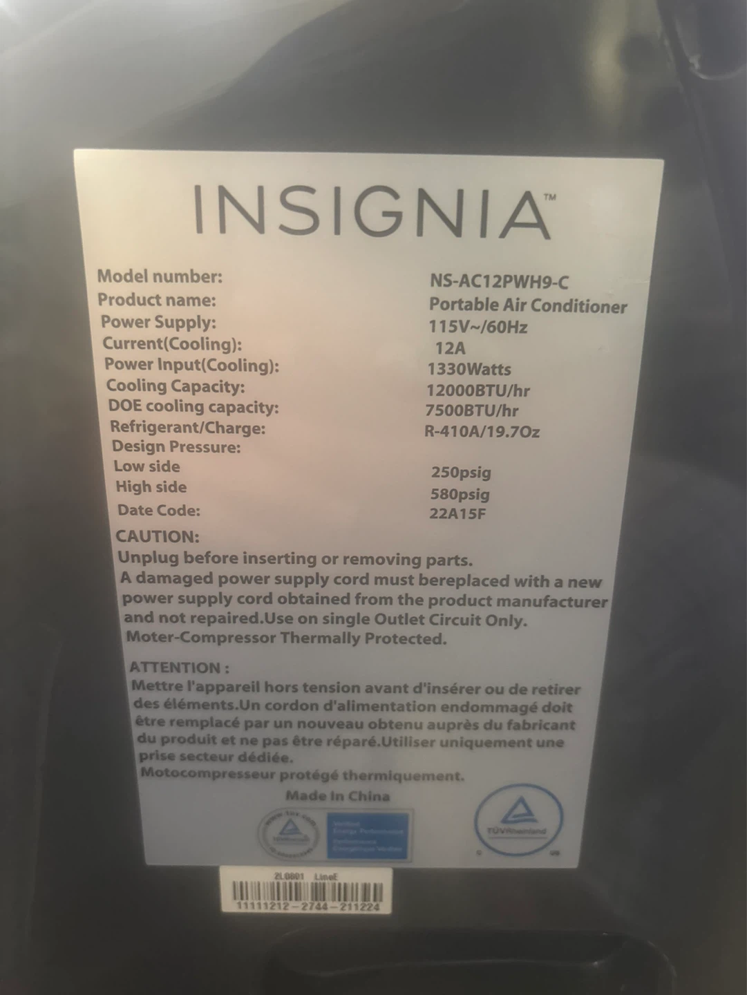 Insignia Portable Air Conditioner NS-AC12PWH9-C - photo 3