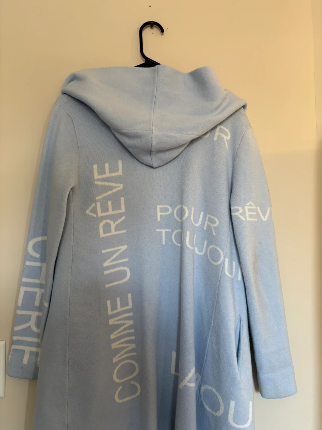 Light Blue Hoodie-Style Cardigan with French Text