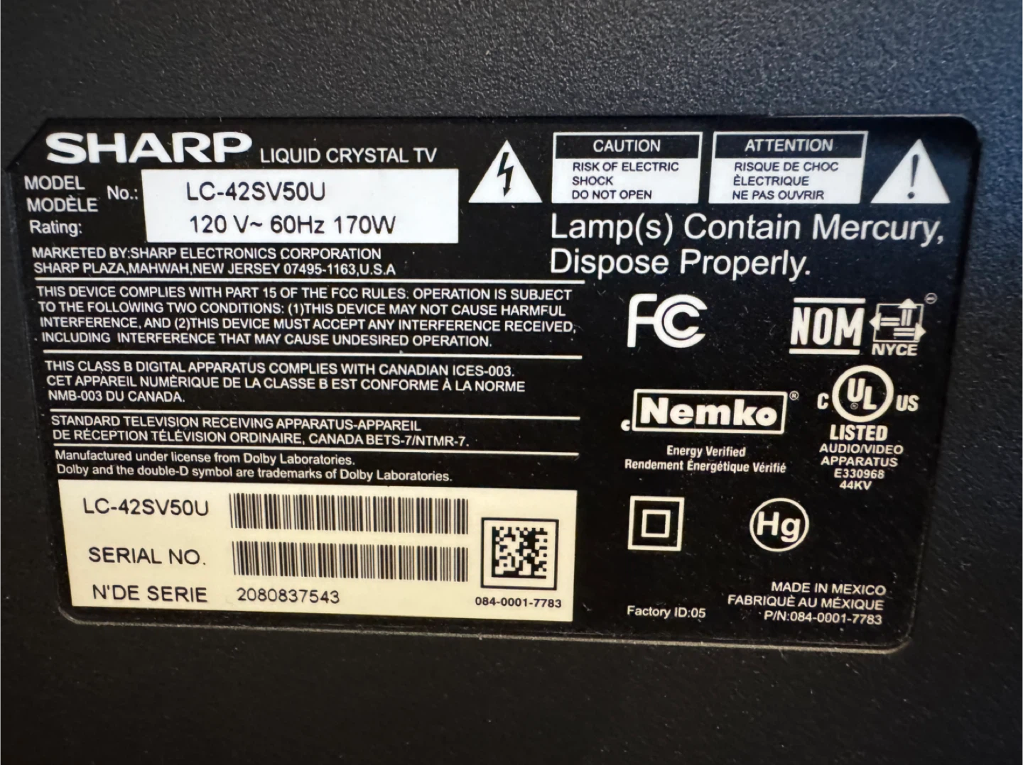 SHARP LC-42SV50U Liquid Crystal TV - photo 4