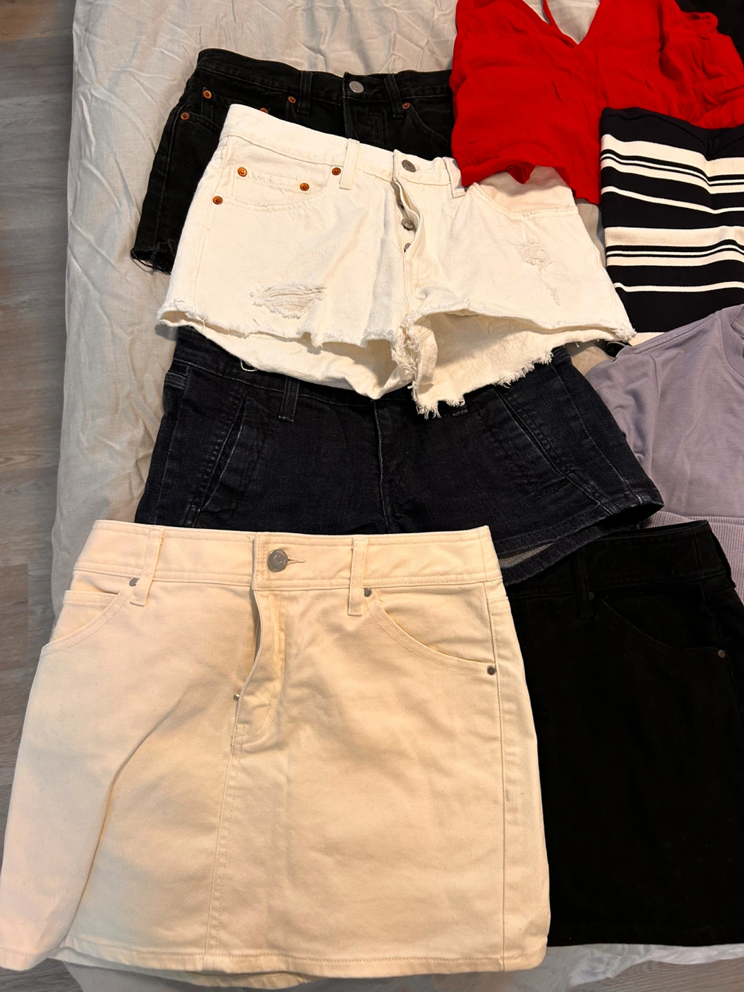 Shorts, skirts, body suits, crop tops