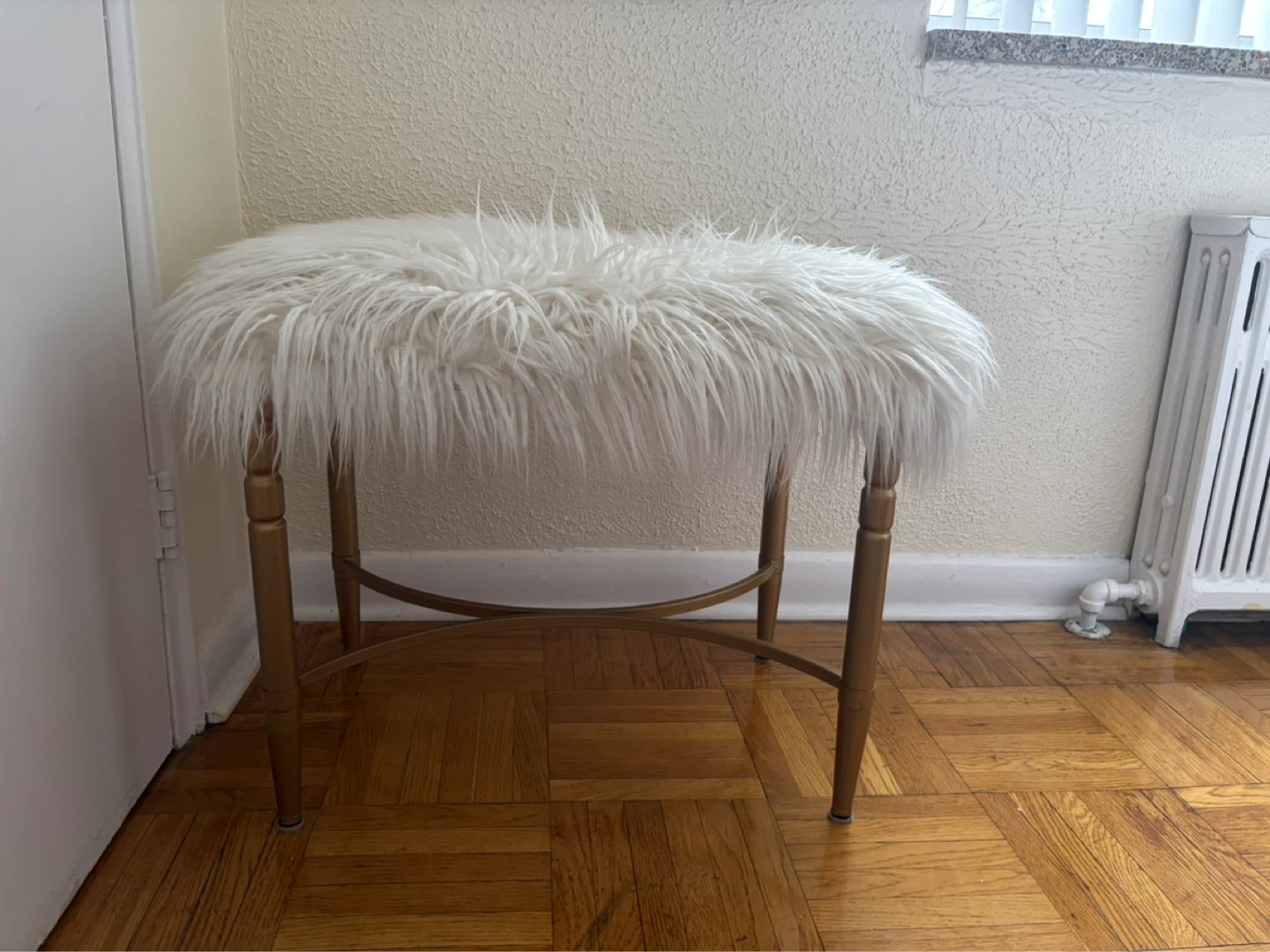 White Faux Fur Vanity Stool with Gold Legs