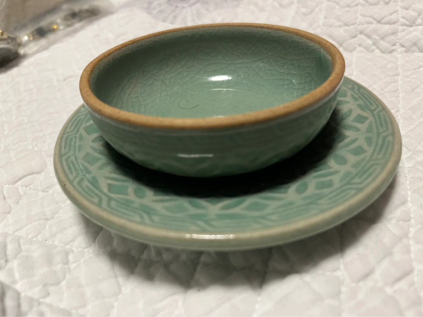 Small Celadon Ceramic Bowl and Saucer Set