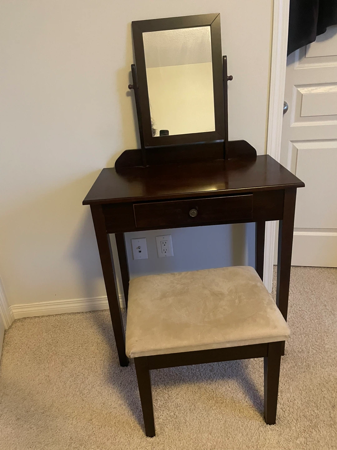 Dark Wood Vanity Table with Mirror and Stool