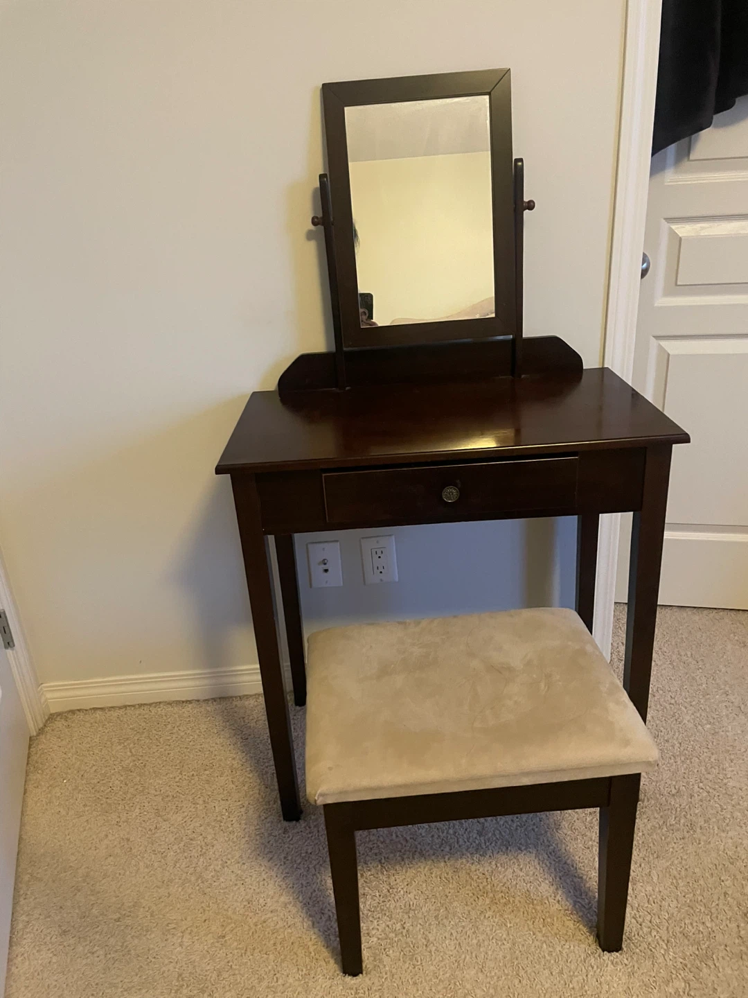 Dark Wood Vanity Table with Mirror and Stool - photo 2