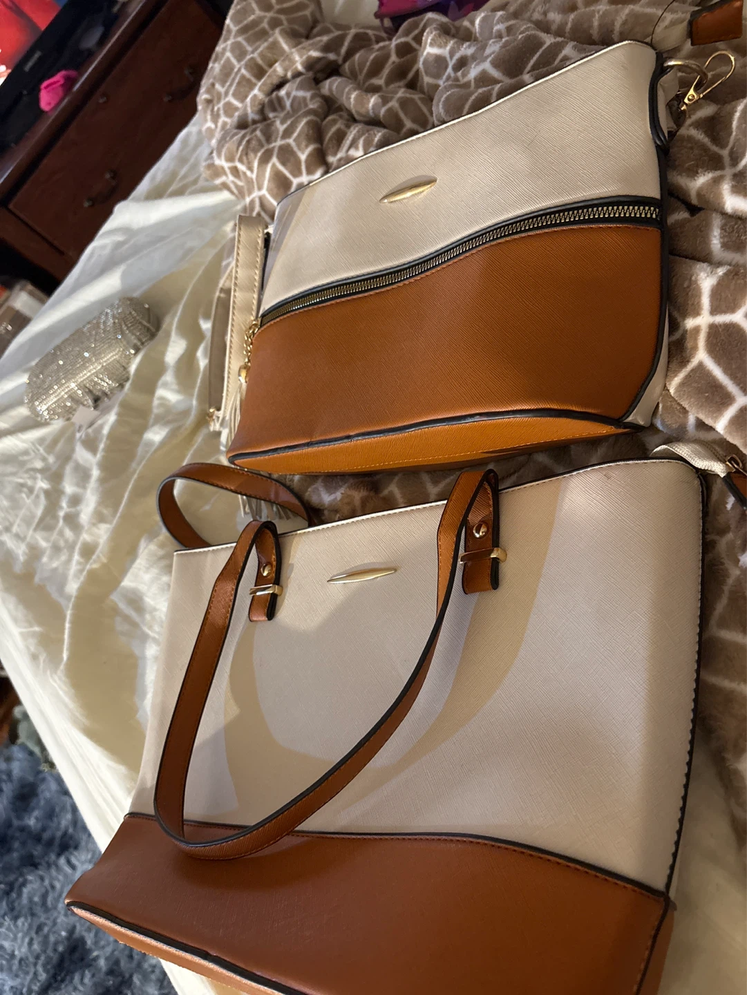 Cream and Brown Two-Tone Tote Bag Set