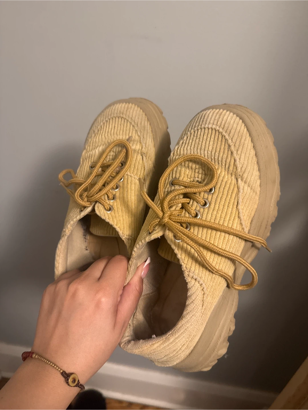 Yellow Corduroy Lace-Up Platform Shoes