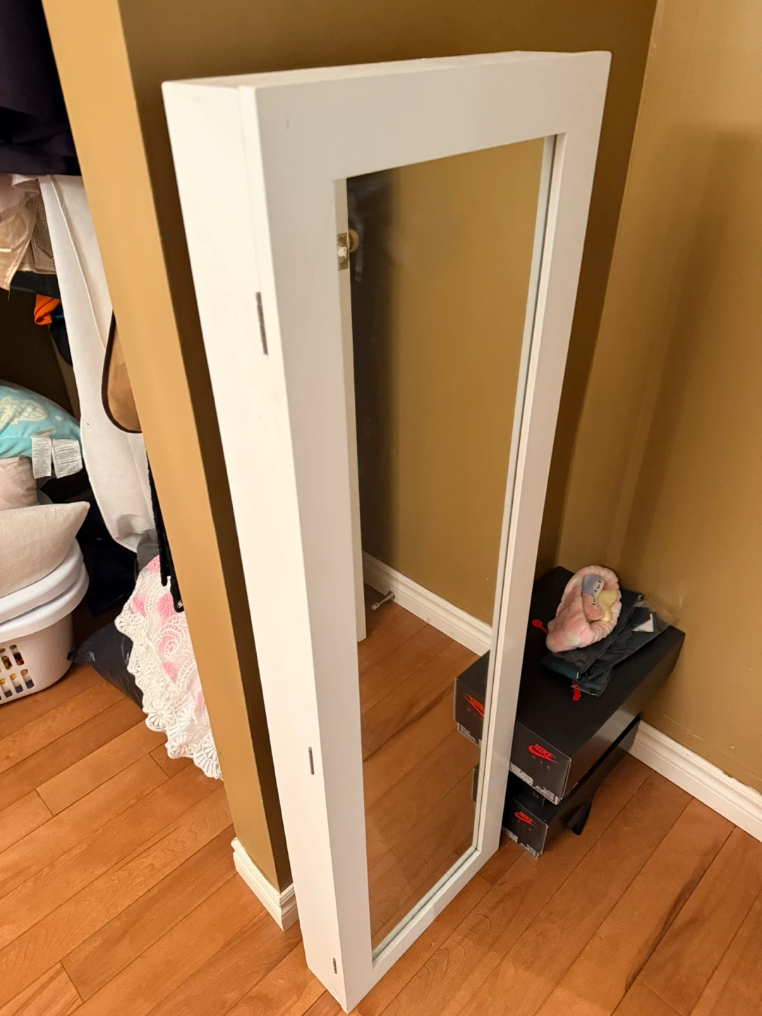 White Standing Jewelry Armoire Mirror