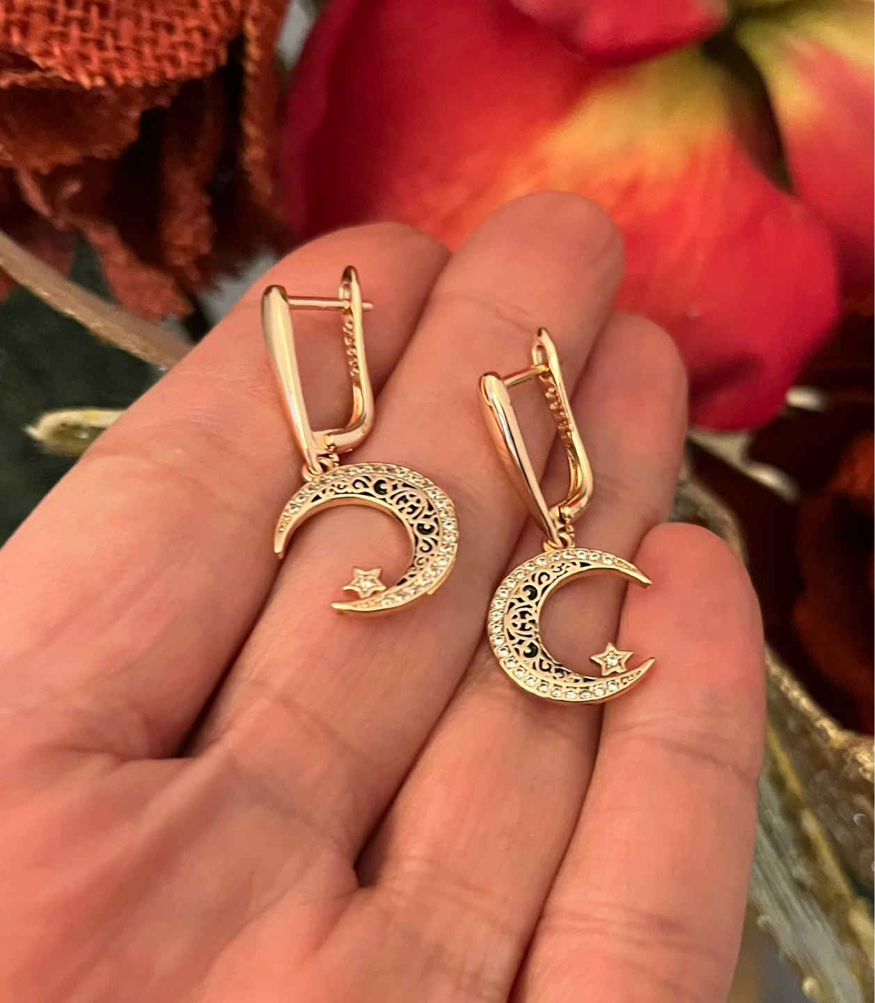 Gold plated  Moon & Star Dangle Earrings - photo 2