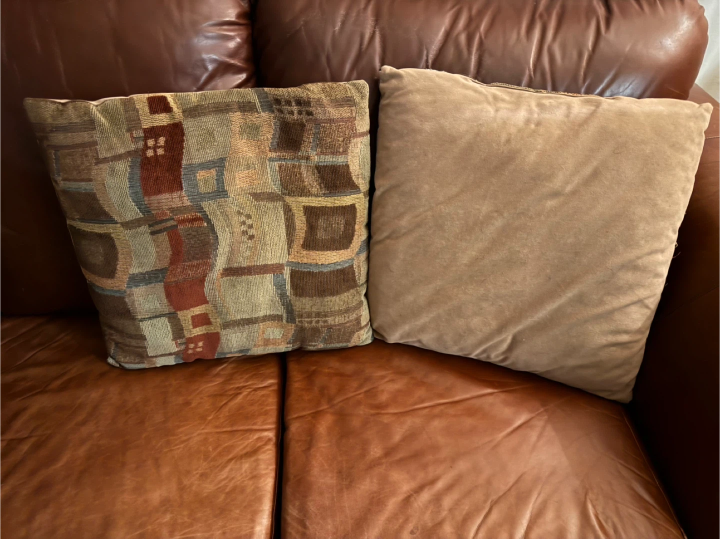 2 Throw Pillows $8 for both - Geometric & Tan Velvet