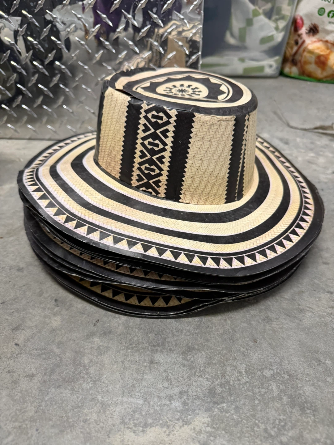 Hand-Woven Straw Hats with Black and White Design - Set of 5