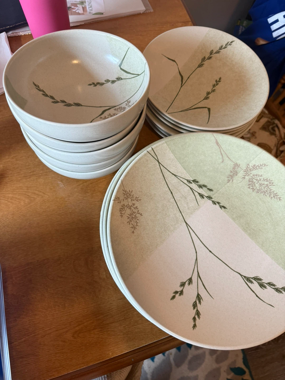 Set of 6 Dinner Plates and Bowls with Grass Design