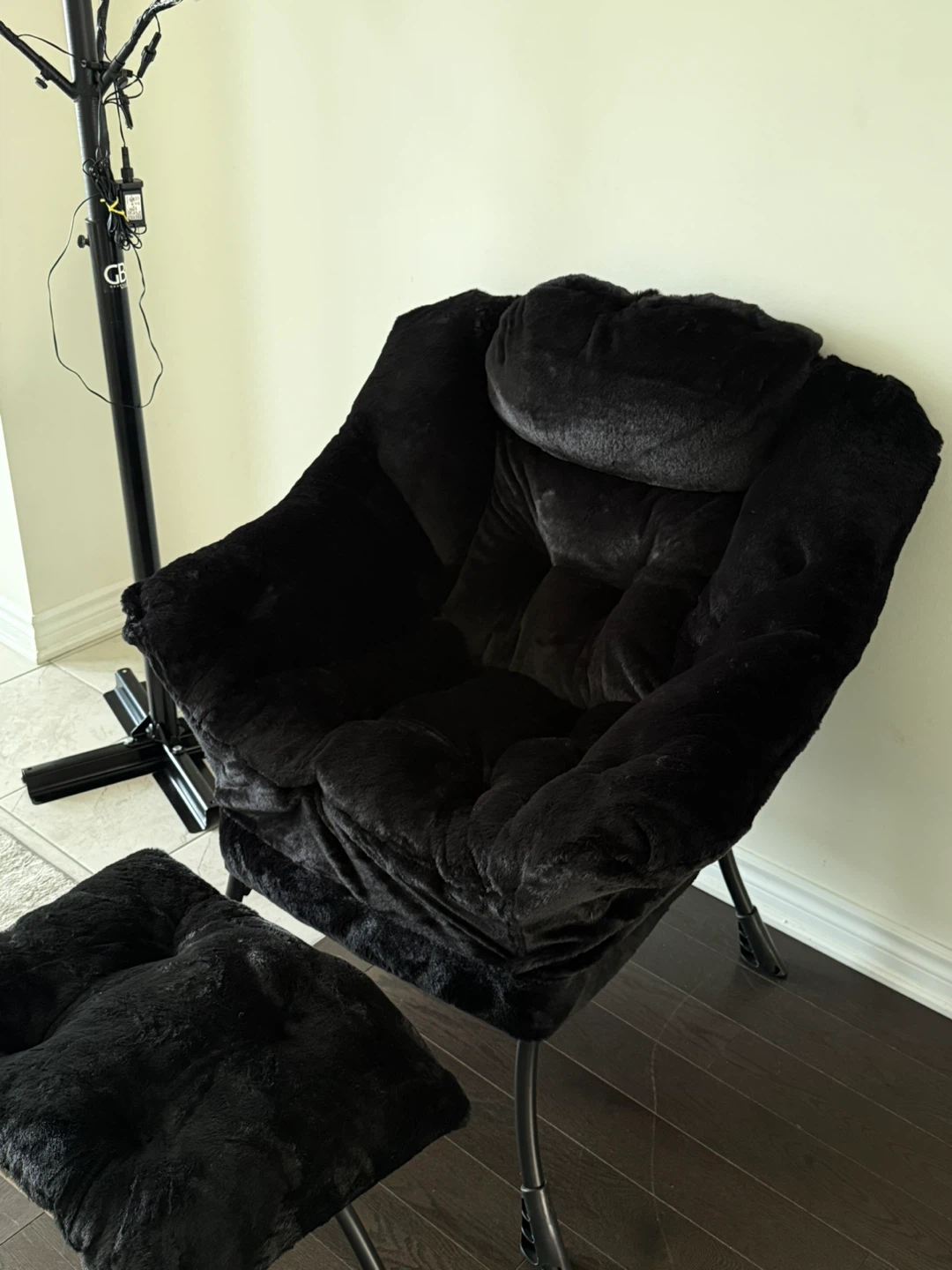 Black Faux Fur Lounge Chair with Ottoman