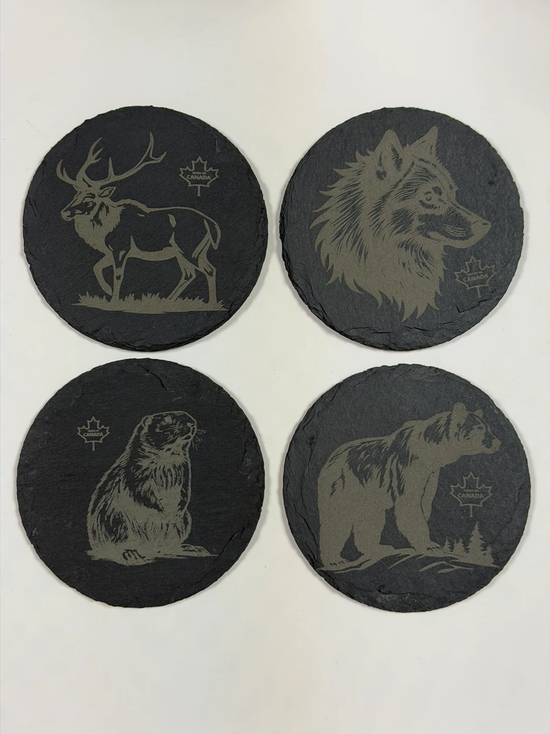 Set of 4 Round Slate Coasters with Canadian Wildlife designs