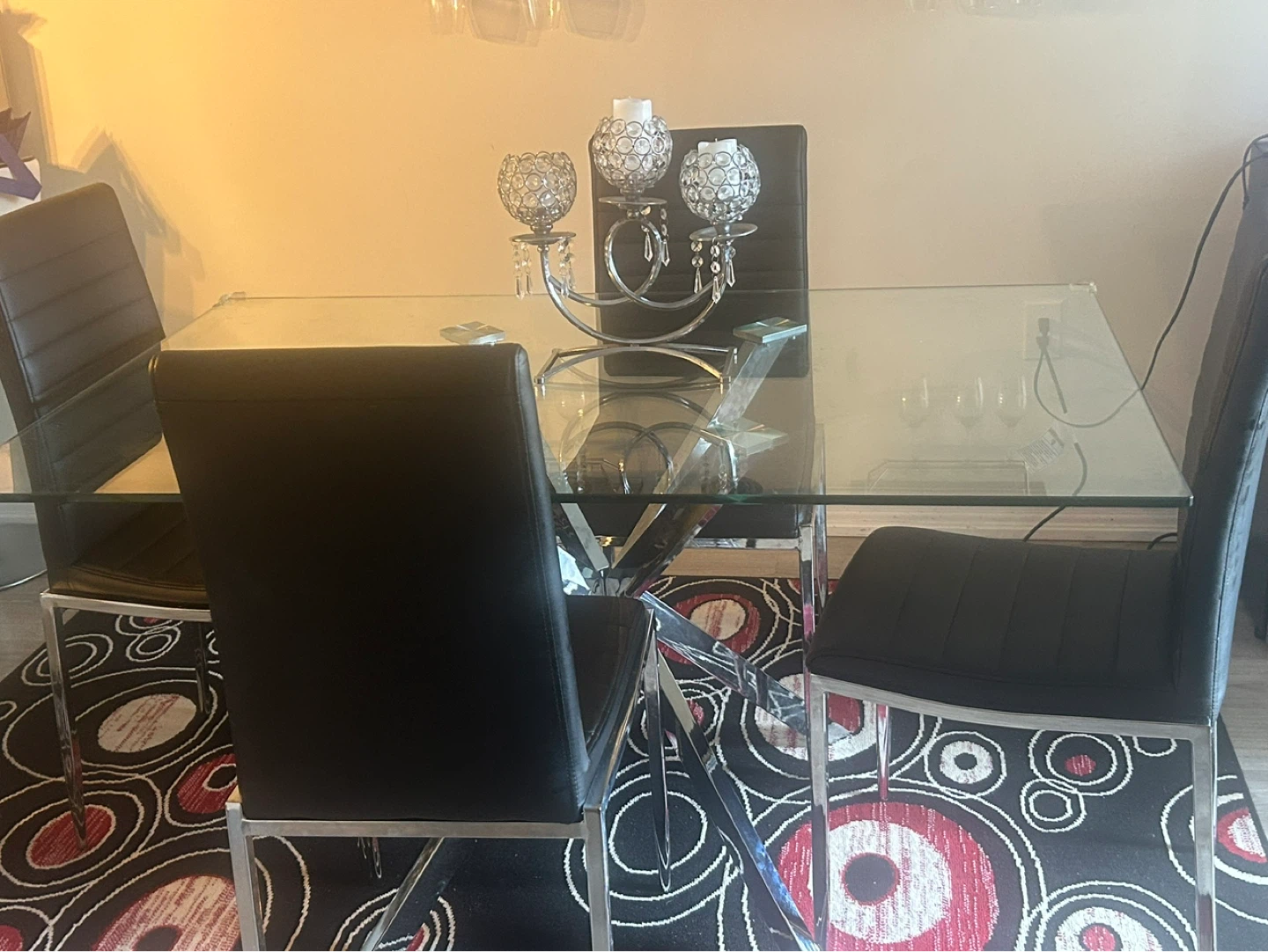 Glass Dining Table with 4 Black Chairs