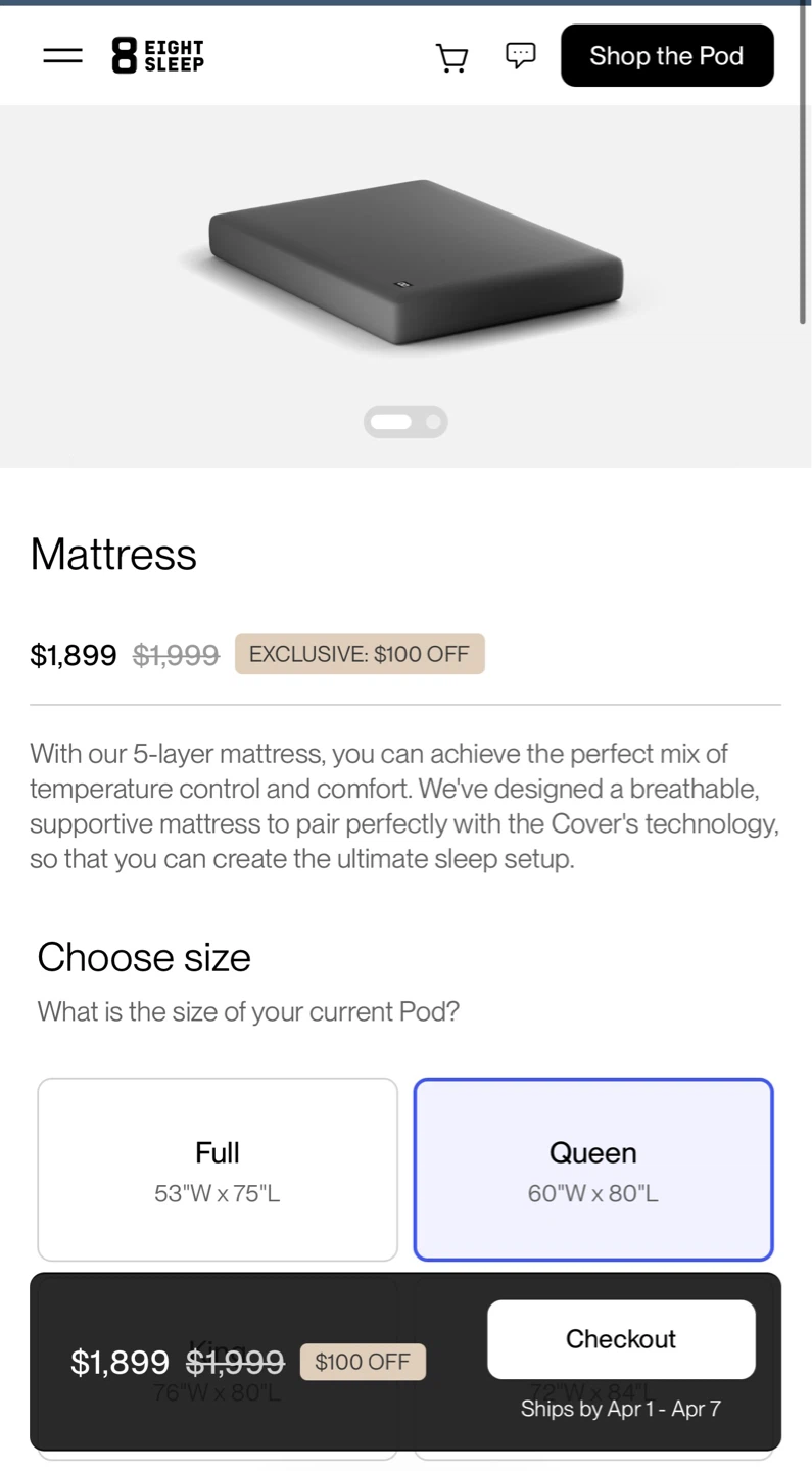 Eight Sleep Queen Mattress 60"W x 80"L ( Brand New in Box)