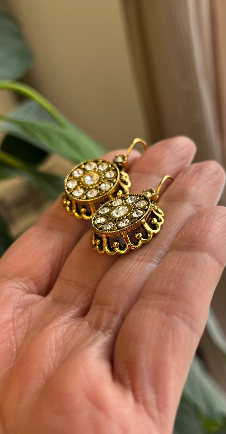 Gold Tone Round Chandelier Earrings with Clear Rhinestones