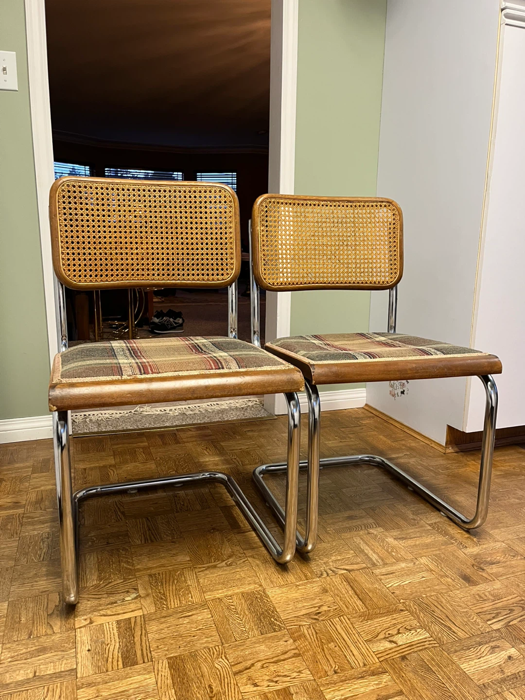 Vintage Cesca Cane Back Chairs with Plaid Upholstery - Set of 2 - photo 5