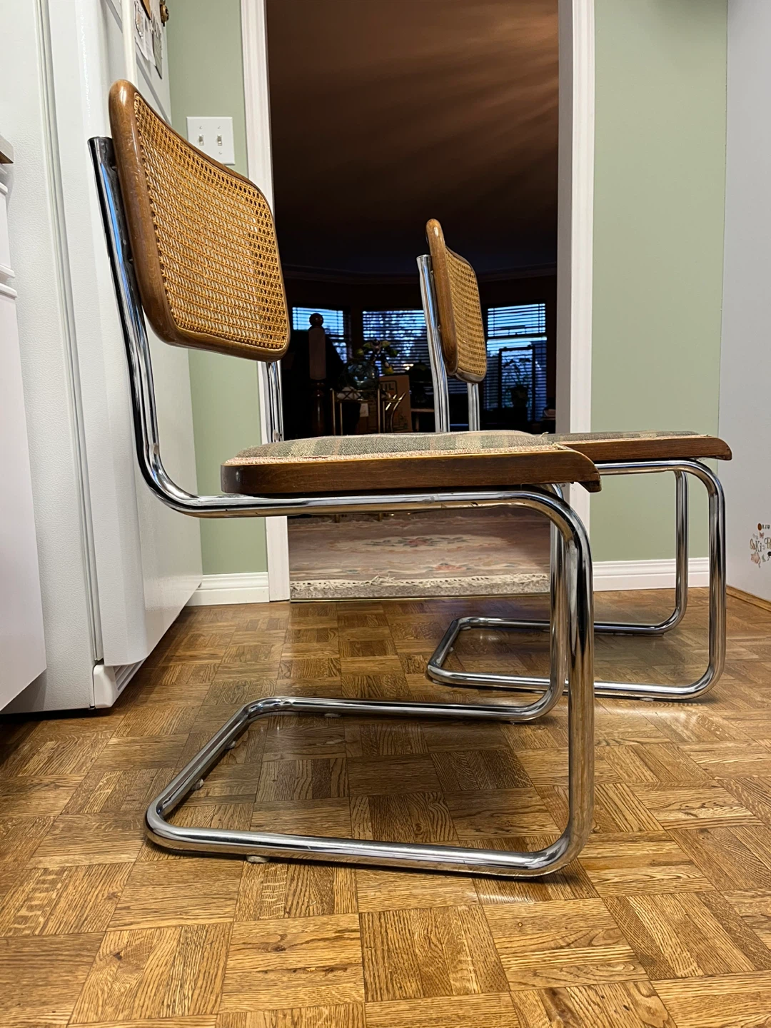 Vintage Cesca Cane Back Chairs with Plaid Upholstery - Set of 2