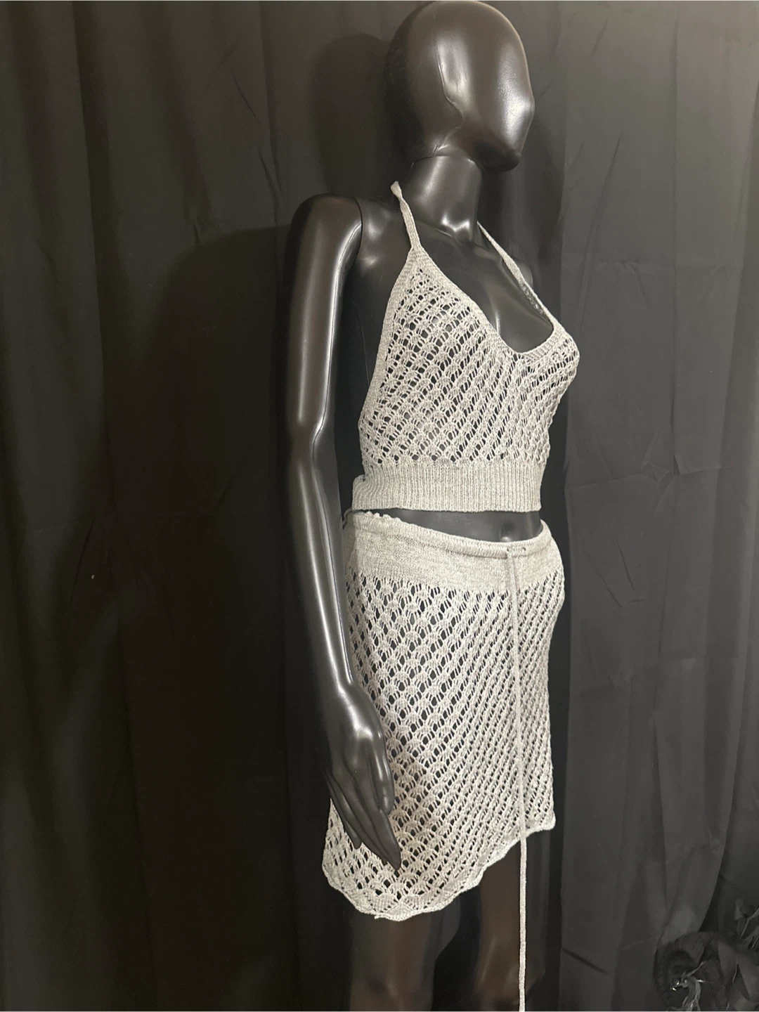 Gray Crochet Knit Halter Top and Mini Skirt Set