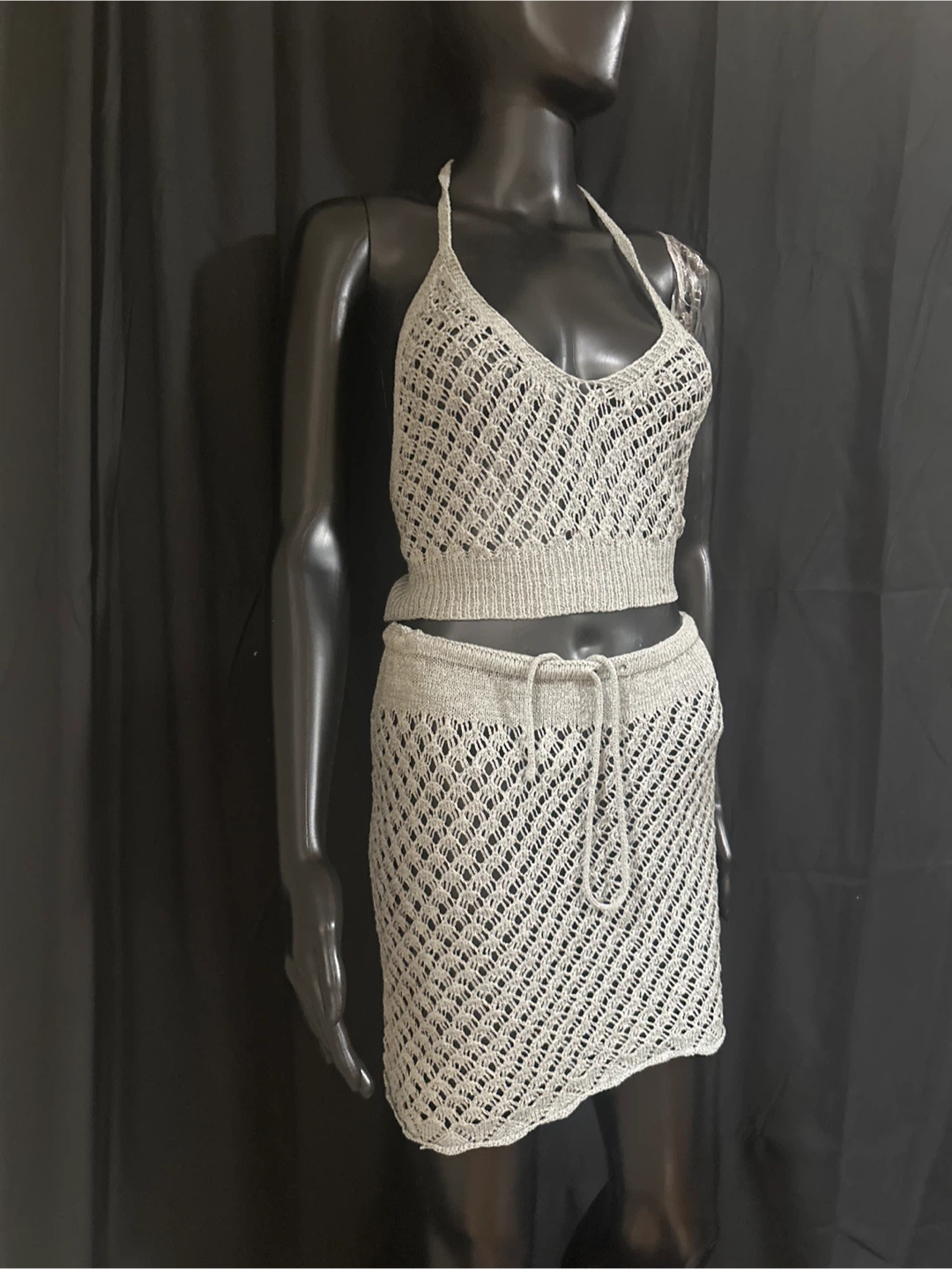 Gray Crochet Knit Halter Top and Mini Skirt Set - photo 2