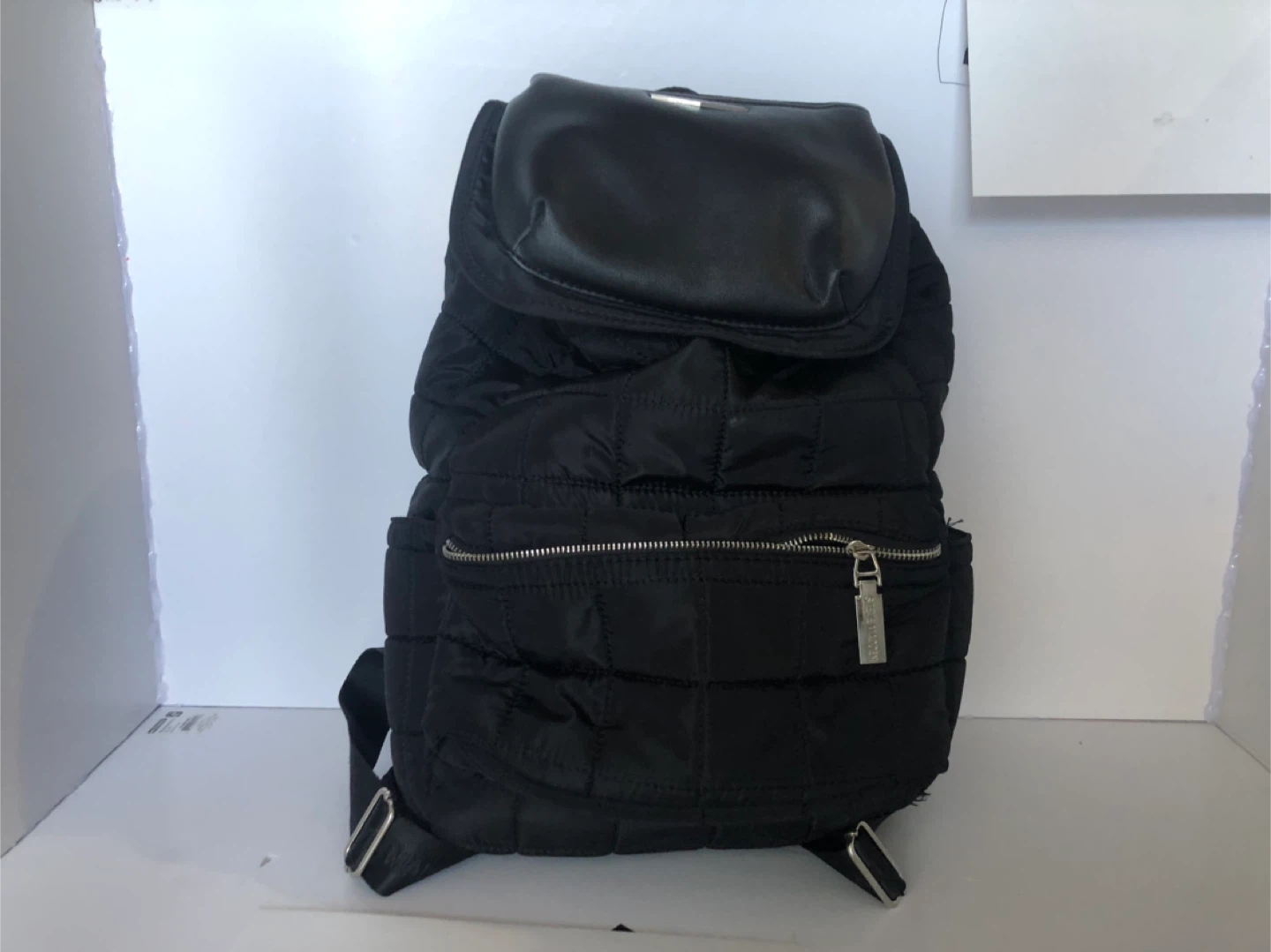 Black Quilted Backpack with Faux Leather Flap