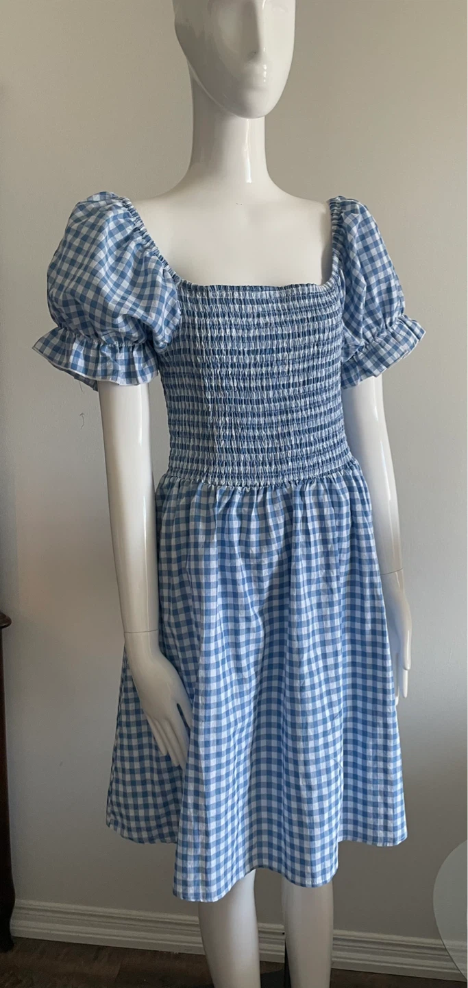Blue Gingham Puff Sleeve Smocked Dress