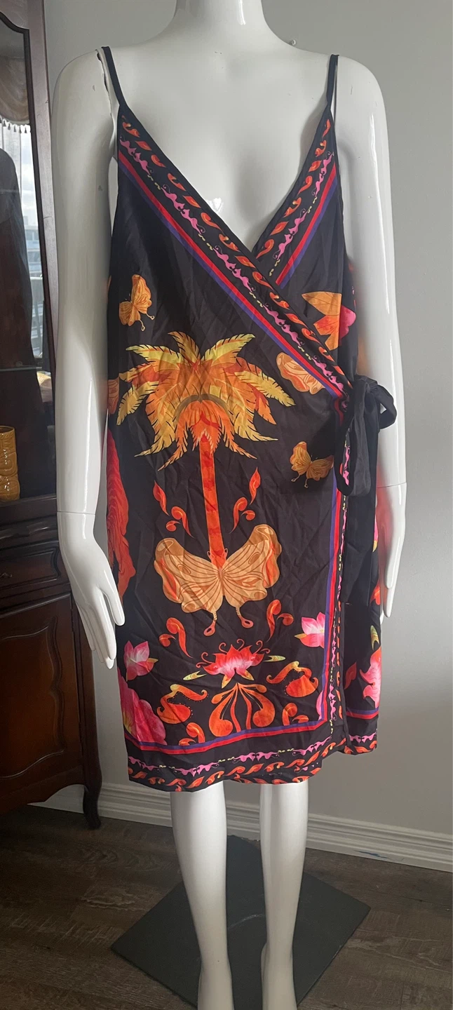 Black Tropical Print Wrap Dress