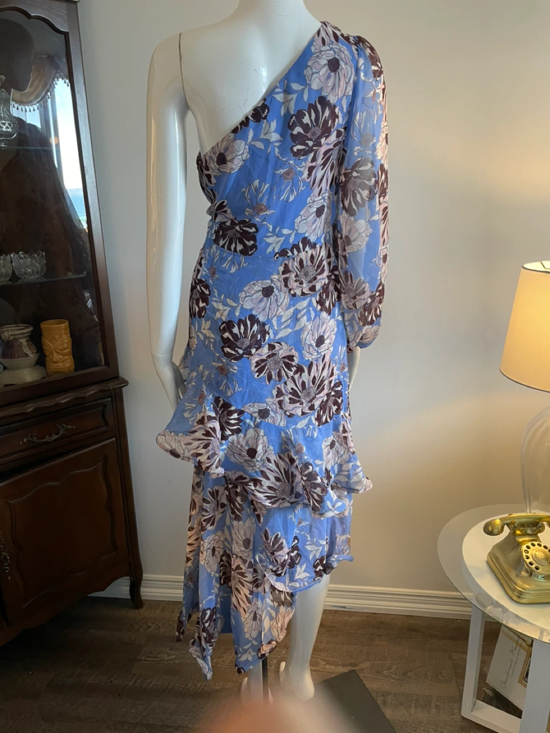 Blue Floral One-Shoulder Ruffle Dress - photo 3