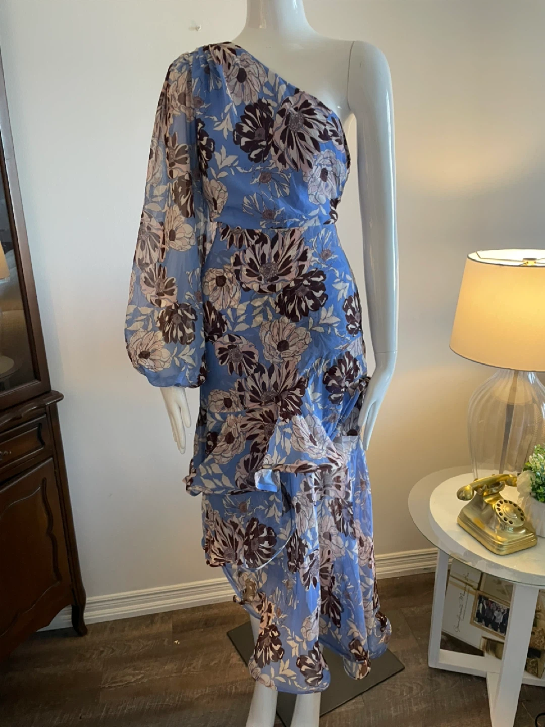Blue Floral One-Shoulder Ruffle Dress