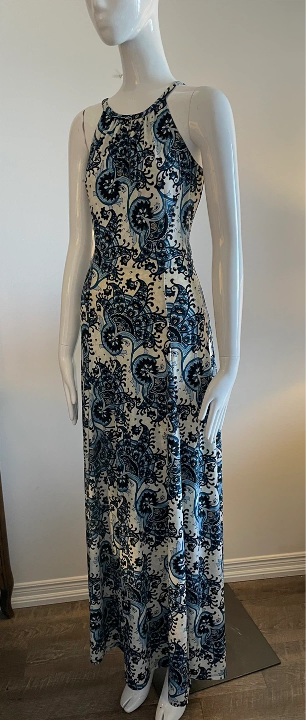 Maxi Dress Blue Paisley Halter Neck