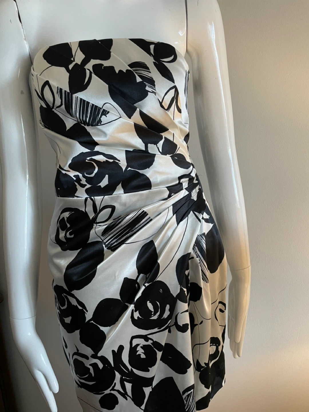 Strapless Black and White Floral Mini Dress
