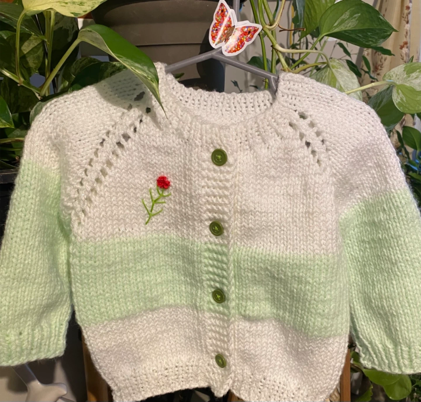 Hand-knitted Baby Cardigan White & Light Green