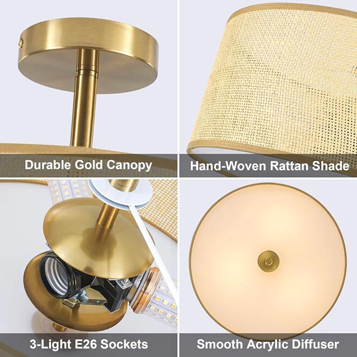 Gold Flush Mount Ceiling Light with Hand-Woven Rattan Shade - photo 3