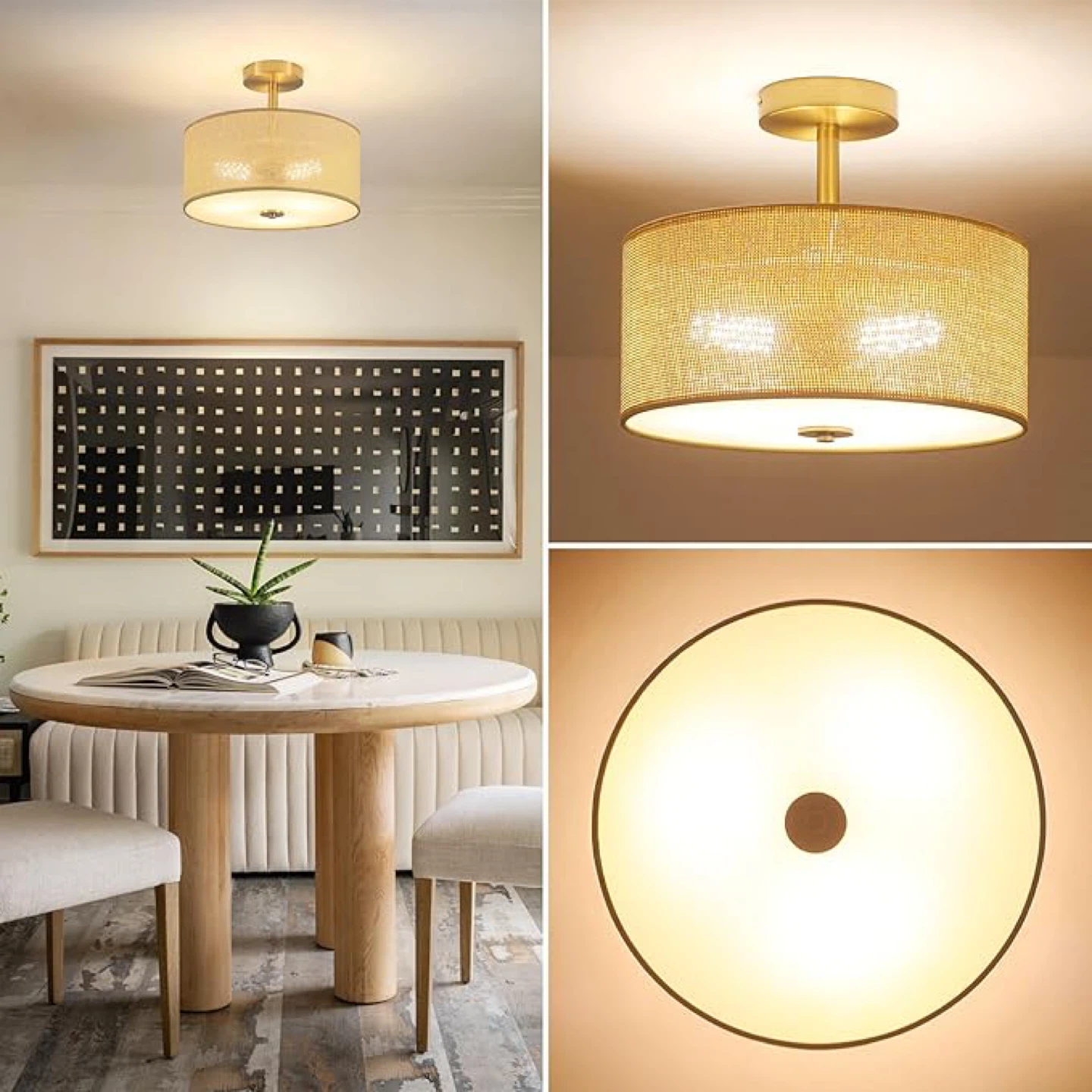 Gold Flush Mount Ceiling Light with Hand-Woven Rattan Shade - photo 4