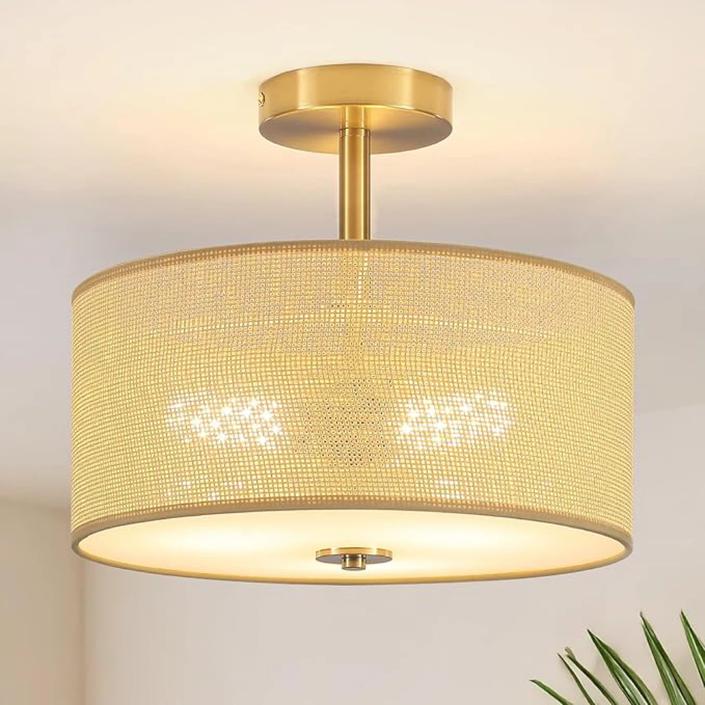 Gold Flush Mount Ceiling Light with Hand-Woven Rattan Shade - photo 2