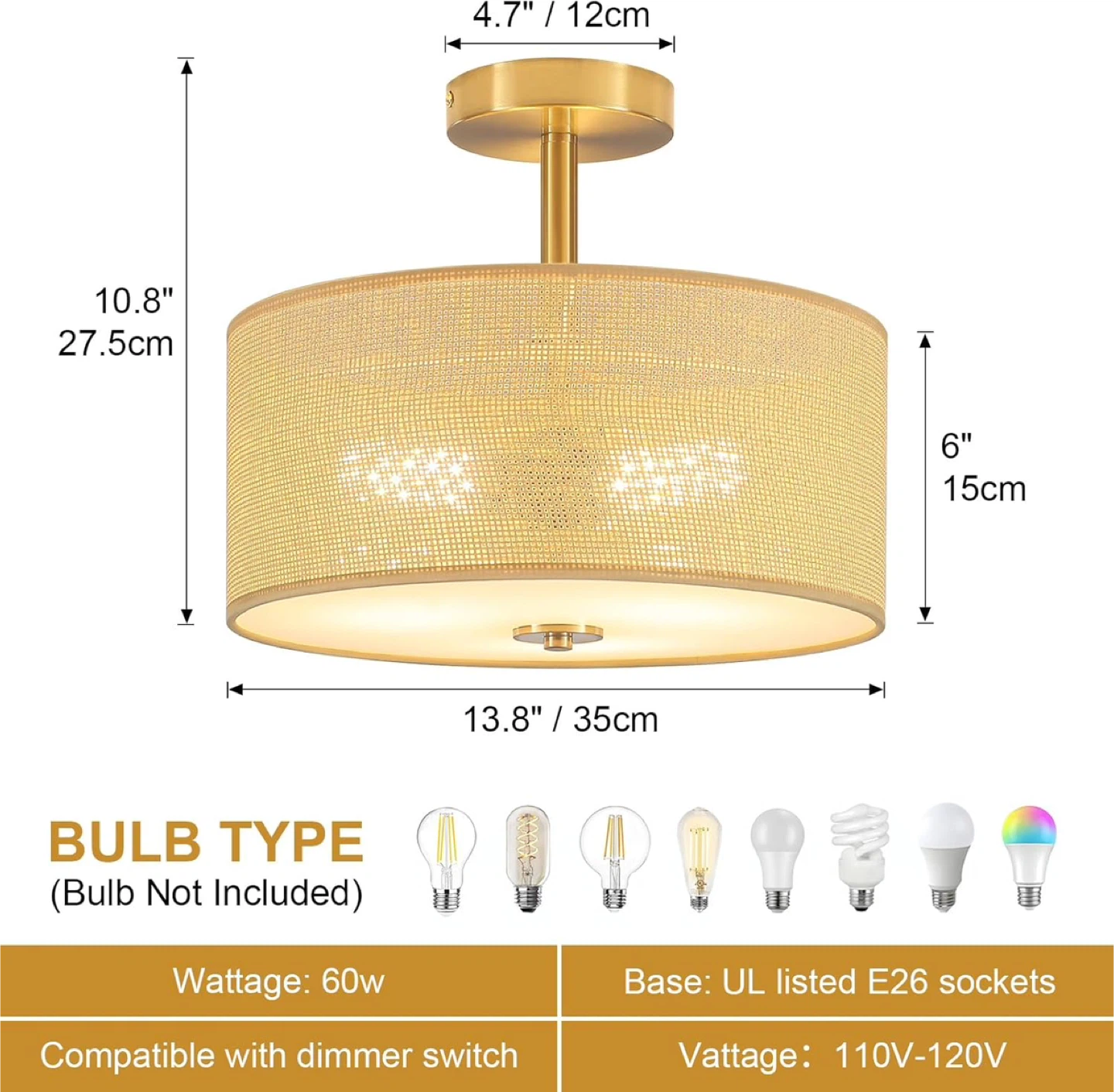 Gold Flush Mount Ceiling Light with Hand-Woven Rattan Shade - photo 5