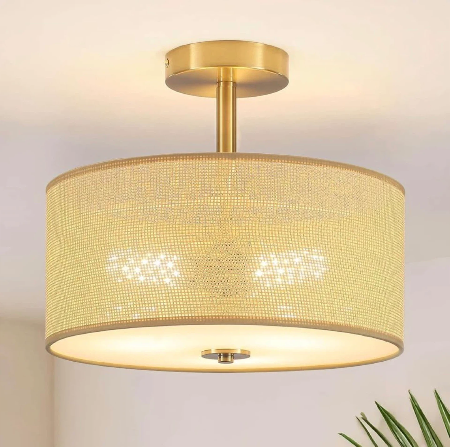 Gold Flush Mount Ceiling Light with Hand-Woven Rattan Shade