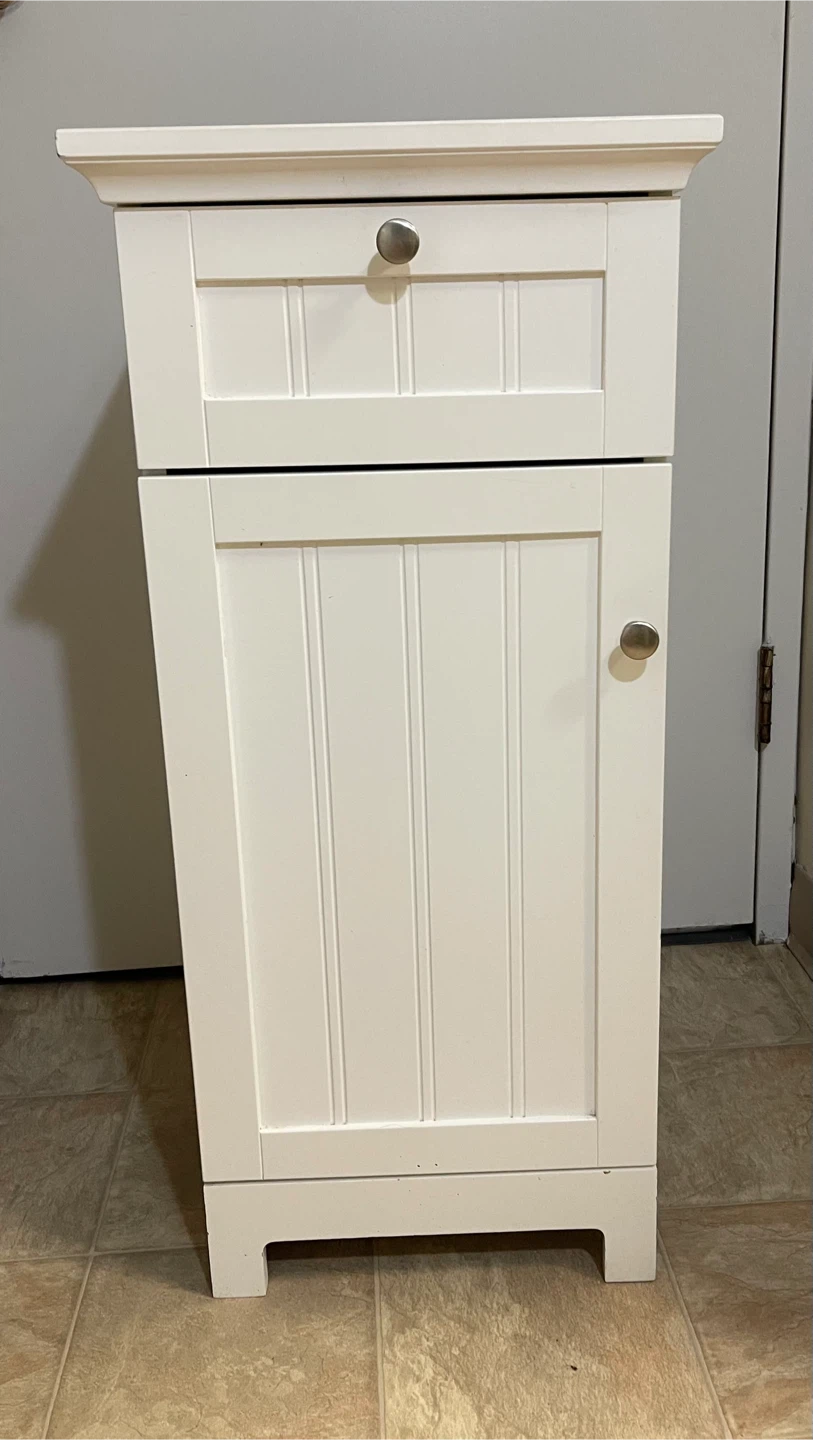 White Storage Cabinet with Drawer and Shelves